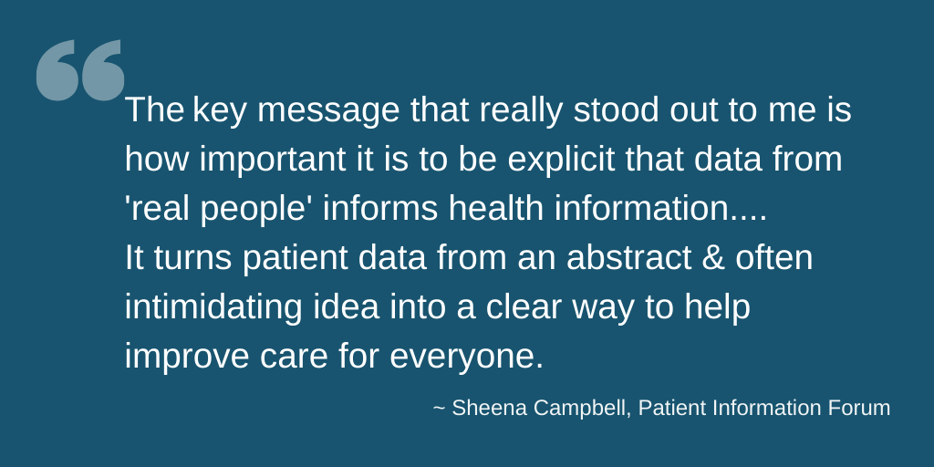 A textbox with a quote from Sheena Campbell at the Patient Information Forum saying "The key message that really stood out to me is how important it is to be explicit that data from real people informs health information...it turns patient data from an abstract and often intimidating idea into a clear way to help improve care for everyone"