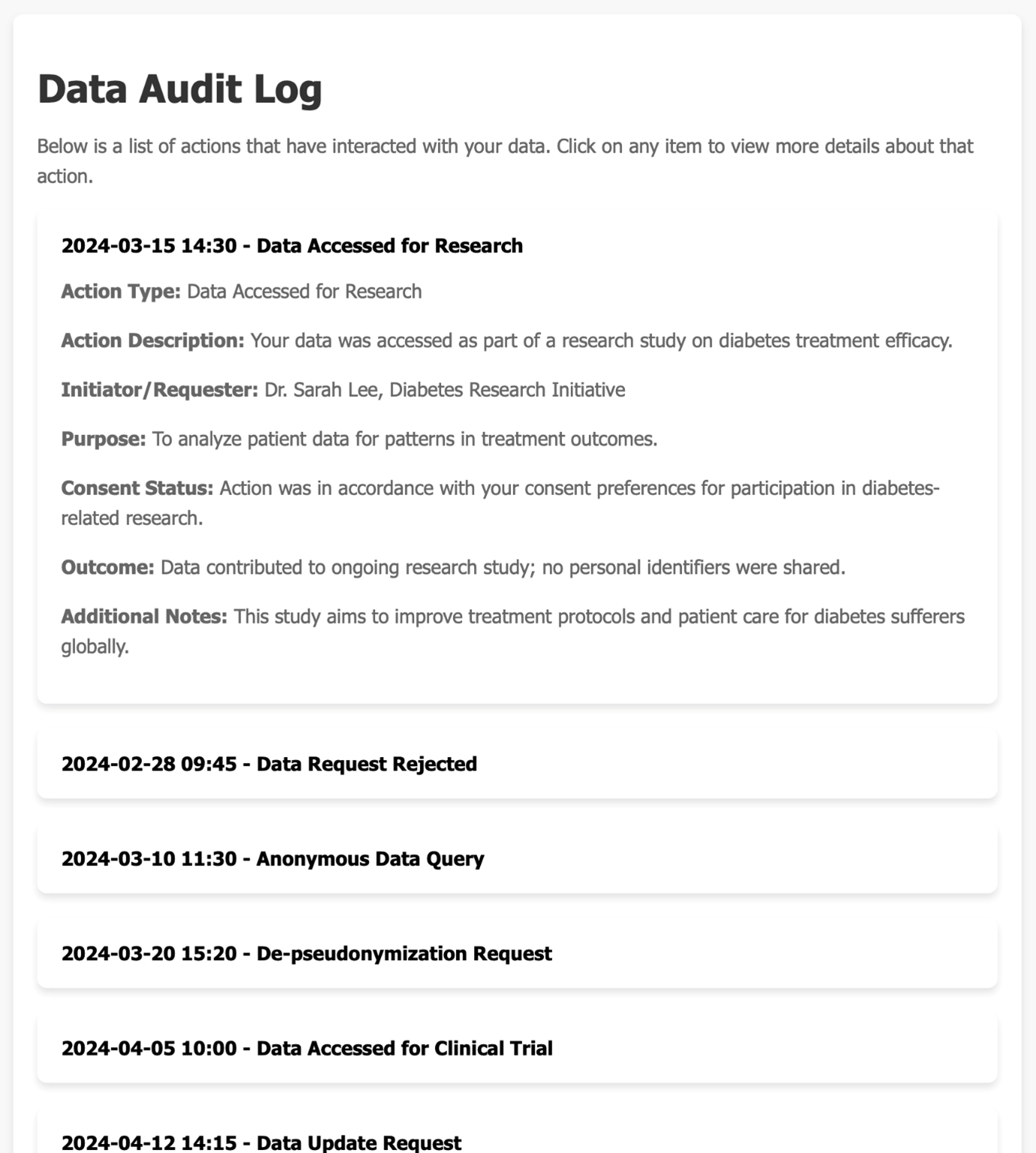 Screenshot showing example of a fictional data log showing when data has been accessed for research