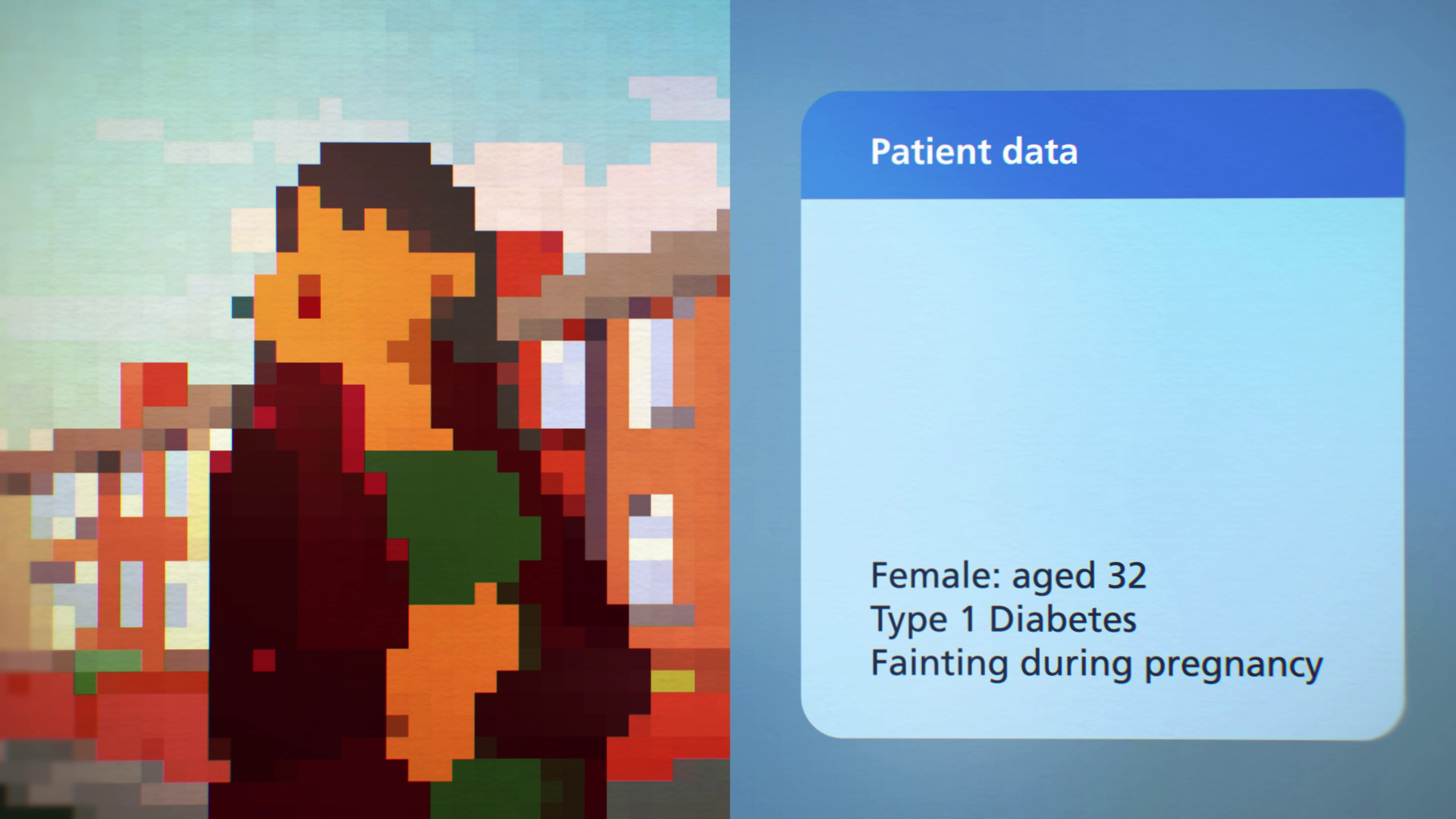 An image of a woman with her face blurred and her patient record redacted